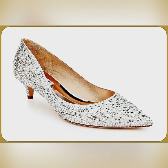 #NEW #Badgley Mischka Madison Kitten Heel Ivory Satin Gem #Pumps Sz 8.5M w Pouch - Picture 3 of 12